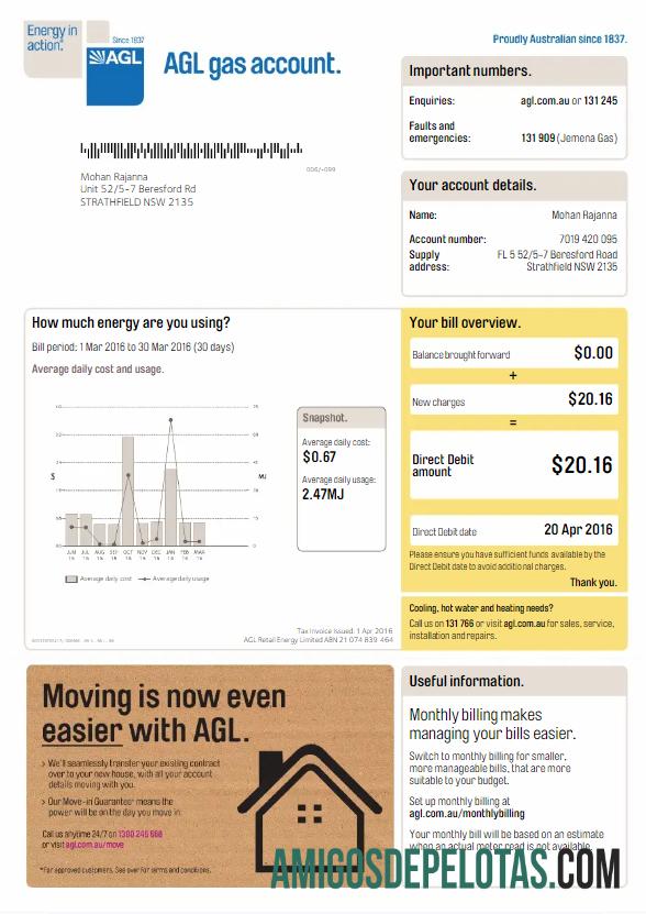 para download AUSTRÁLIA AGL Utility Bill Word e modelo PDF, versão 3